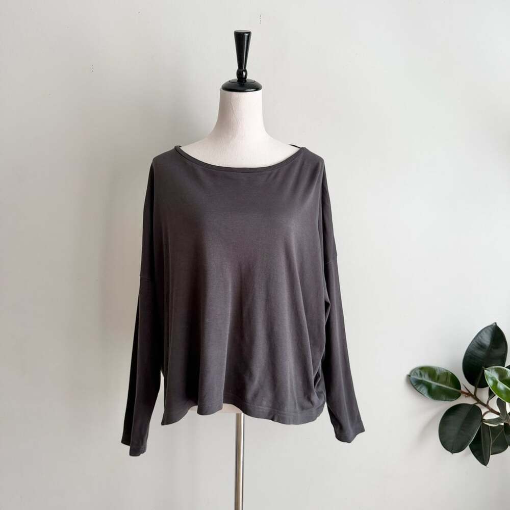 Eskandar Cotton Jersey Long Sleeve Scoop Neck Top Dark Gray
